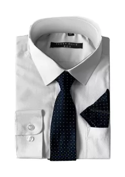 Perry Ellis® Portfolio Boys 4-20 Solid White Dress Shirt with Textured Navy Tie -Perry Elli Shop Belk 204