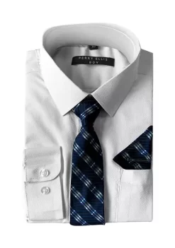 Perry Ellis® Portfolio Boys 4-20 Solid White Dress Shirt with Textured Royal Blue Tie