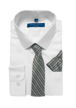 Perry Ellis® Portfolio Boys 4-20 Solid White Dress Shirt with Textured Medium Gray Tie -Perry Elli Shop Belk 392